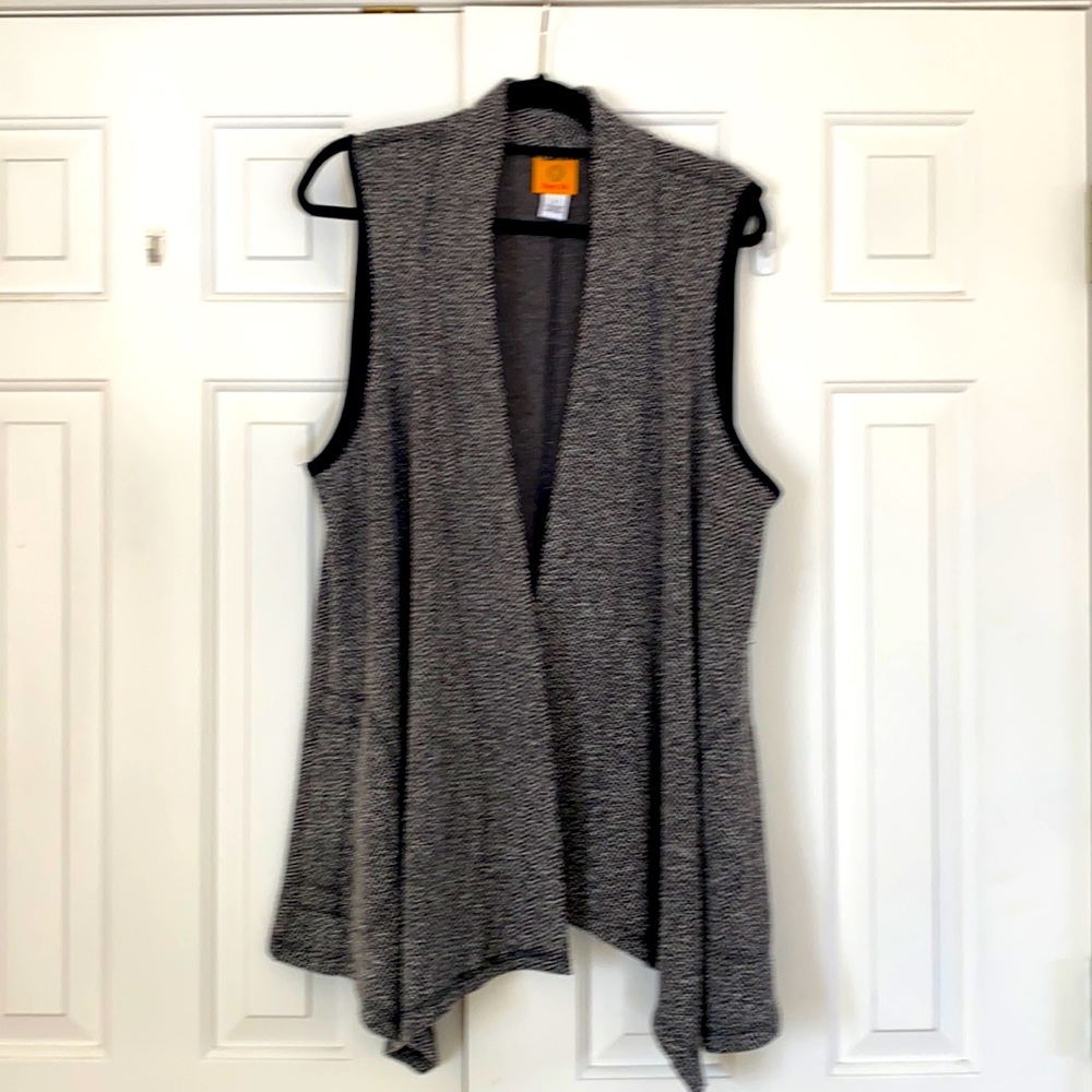 Ruby Rd. black herringbone with black trim. Long flowing vest